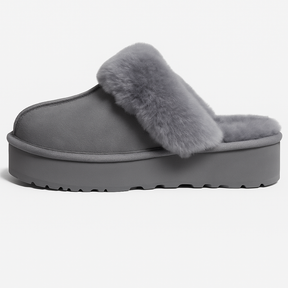 Womens 100% Australian Sheepskin Merino Wool Platform Slippers - Grey (Slip-On Scuffs)
