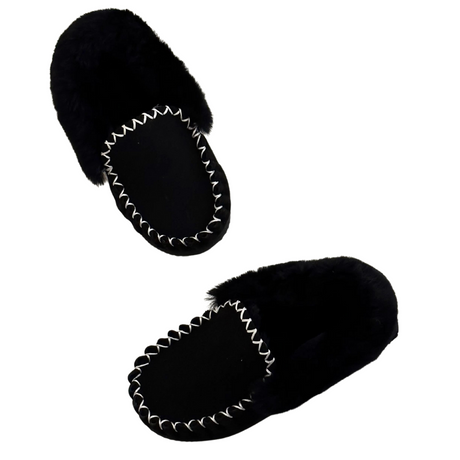 100% Australian Merino Sheepskin Black Moccasins (Casual Winter UGG Slippers)