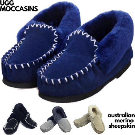 100% Australian Merino Sheepskin Moccasins Slippers Winter Casual Genuine Slip On UGG - Black