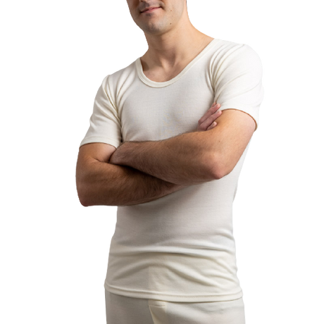 Mens Merino Wool Blend Short Sleeve Thermal Top Underwear Thermals Base Layer - Natural