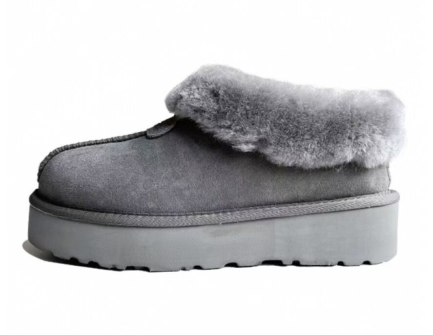 Womens 100% Australian Sheepskin Merino Wool Platform Closed Slippers - Grey