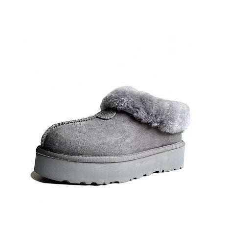 Womens 100% Australian Sheepskin Merino Wool Platform Closed Slippers - Grey