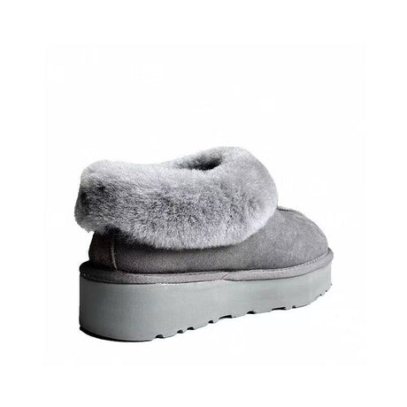 Womens 100% Australian Sheepskin Merino Wool Platform Closed Slippers - Grey