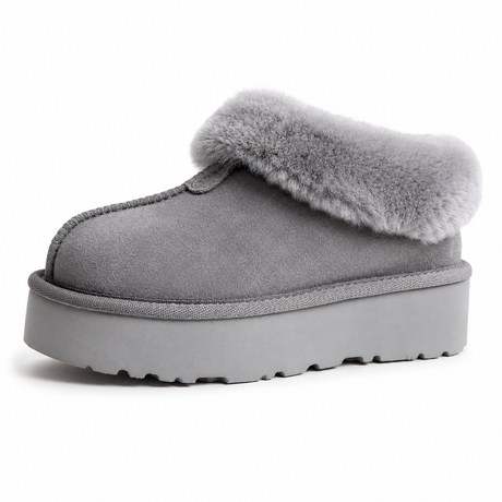 Womens 100% Australian Sheepskin Merino Wool Platform Closed Slippers - Grey