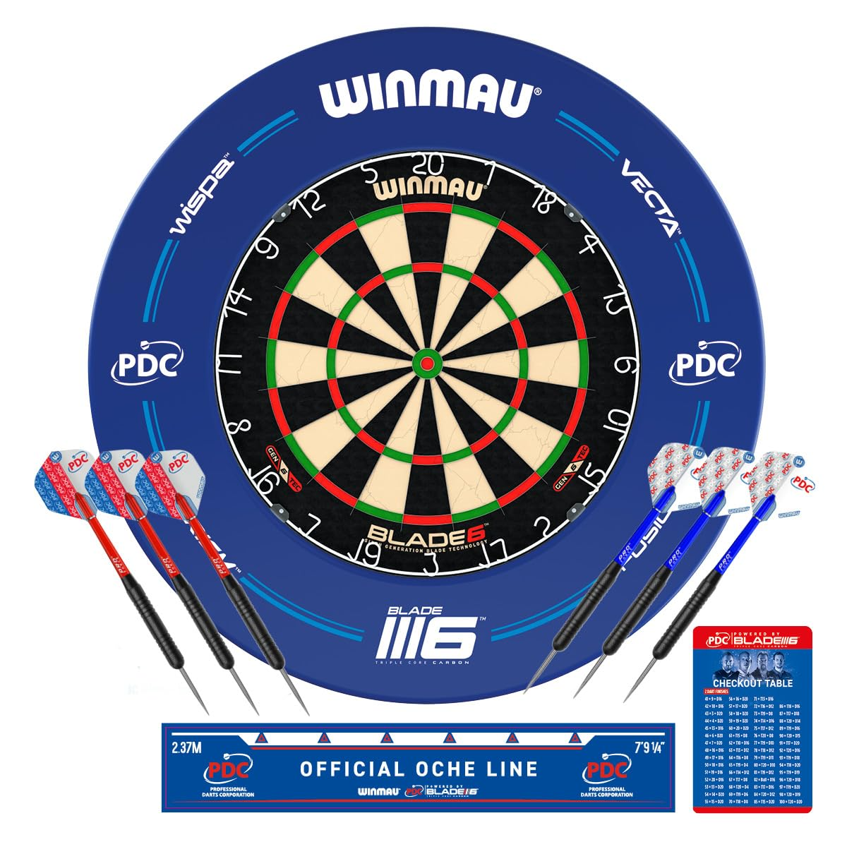 Winmau PDS Set Blade 6 Dart Board + Blue Dartboard Surround + Darts + Oche line