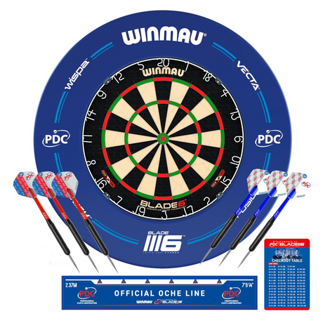 Winmau PDS Set Blade 6 Dart Board + Blue Dartboard Surround + Darts + Oche line