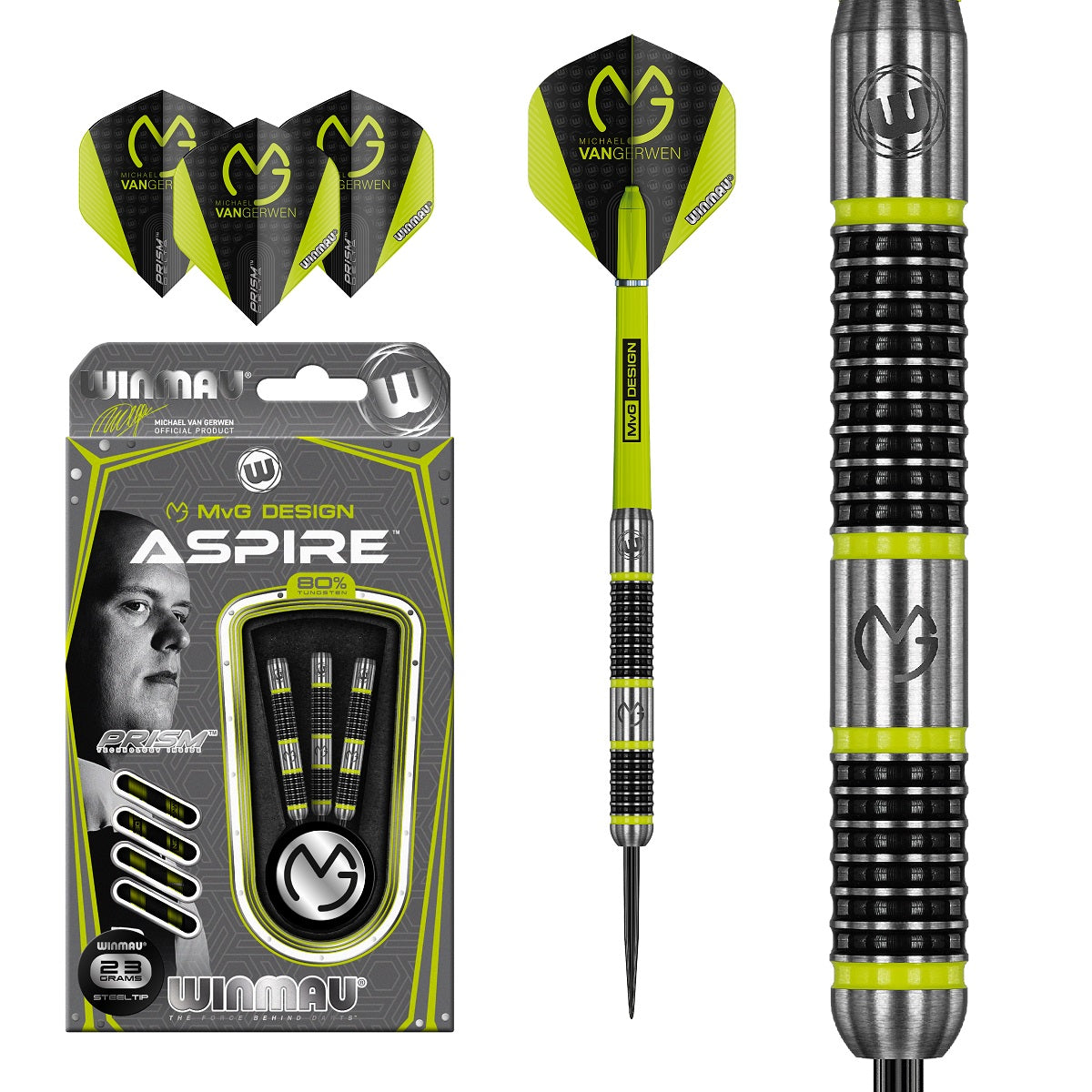 Winmau MVG Aspire Steel Tip Darts 80% Tungsten 21g Michael Van Gerwen 