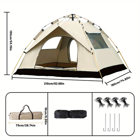 Tasman Quick-Open 4 Person Camping Tent - Earth Yellow (2 Doors & 2 Windows for Hiking/Festivals)