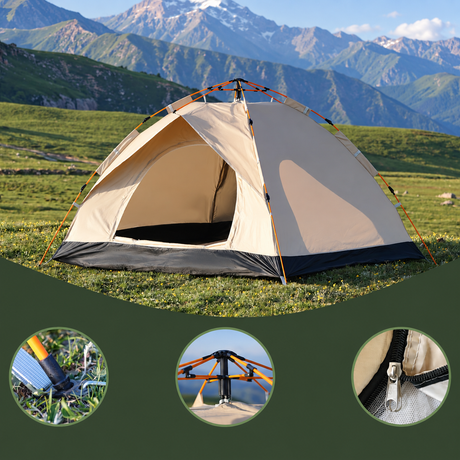 Tasman Quick-Open 4 Person Camping Tent - Earth Yellow (2 Doors & 2 Windows for Hiking/Festivals)