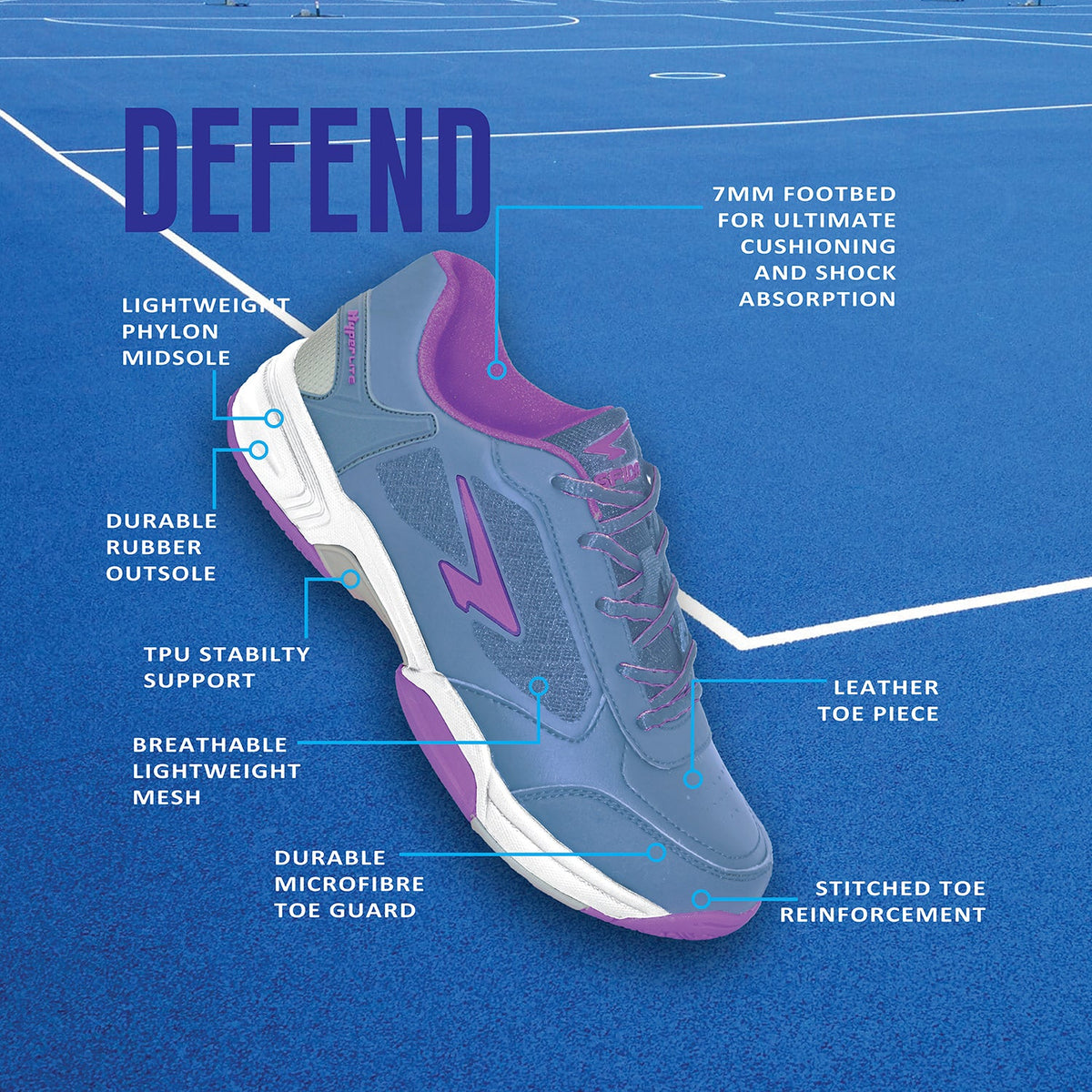 Sfida Defend Womens Netball Shoes - Steel/Purple (Court Trainers)