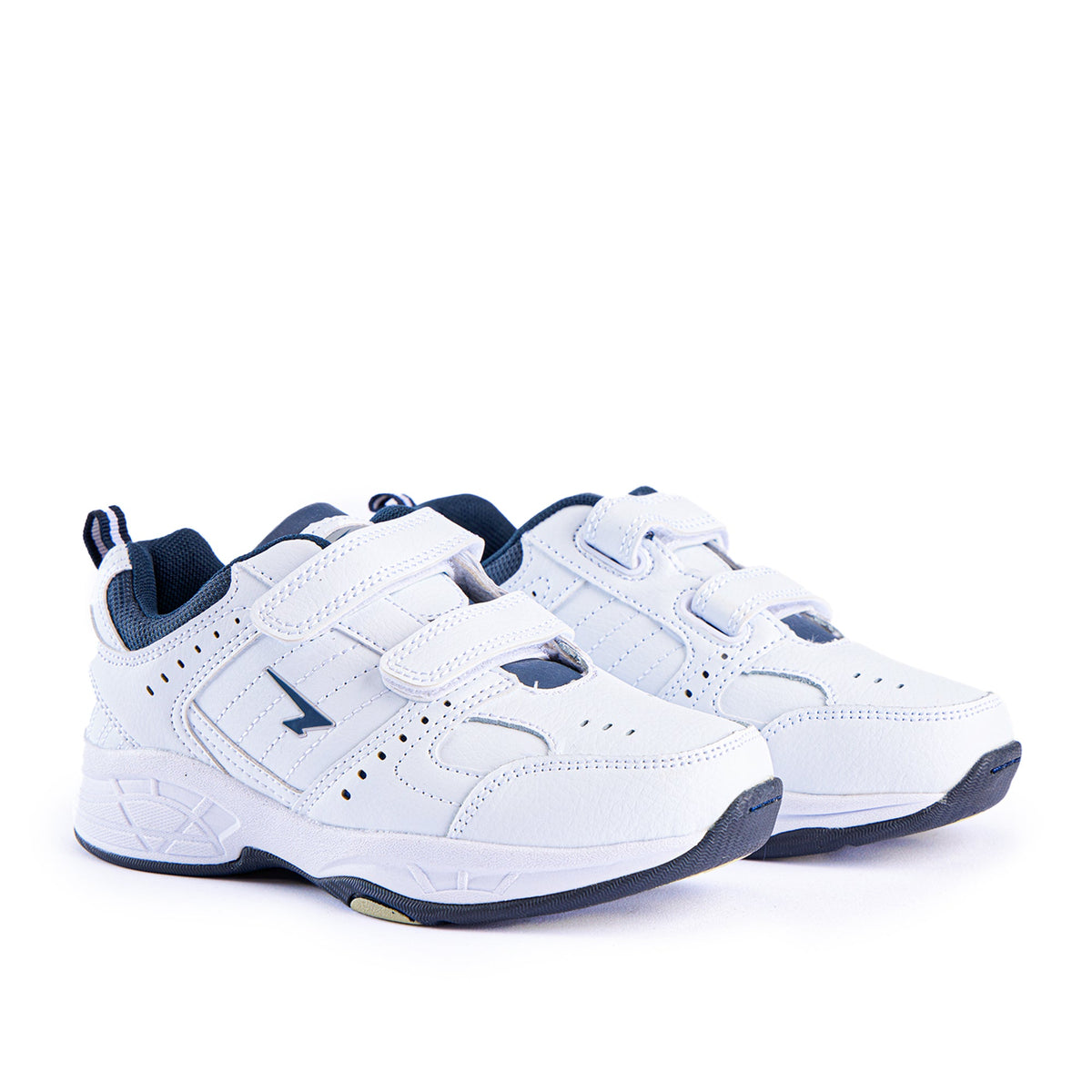 Sfida Defy Junior Kids Leather V Strap Sneakers - White/Navy (Cross Trainer Shoes)