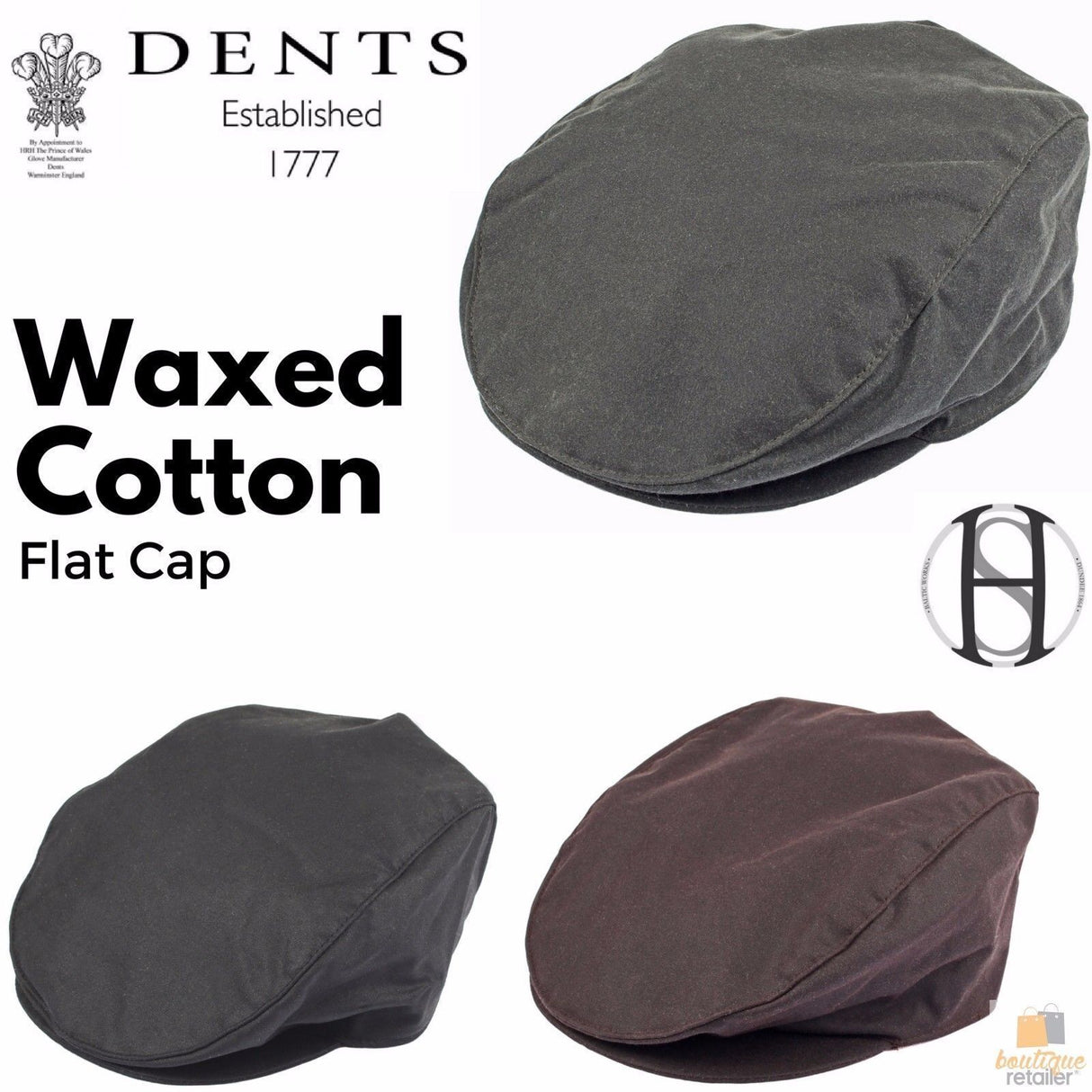 DENTS Halley Stevenson Waxed Cotton Flat Cap Ivy Hat Driving Cabbie 1-2109 Lined - Black