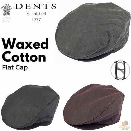 DENTS Halley Stevenson Waxed Cotton Flat Cap Ivy Hat Driving Cabbie 1-2109 Lined - Black