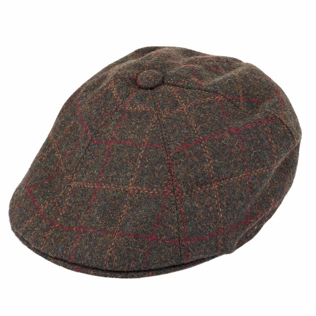 Dents Mens Window Pane Check Flat Cap - Olive (Quilted Satin Lined Driving/Cabbie Hat)