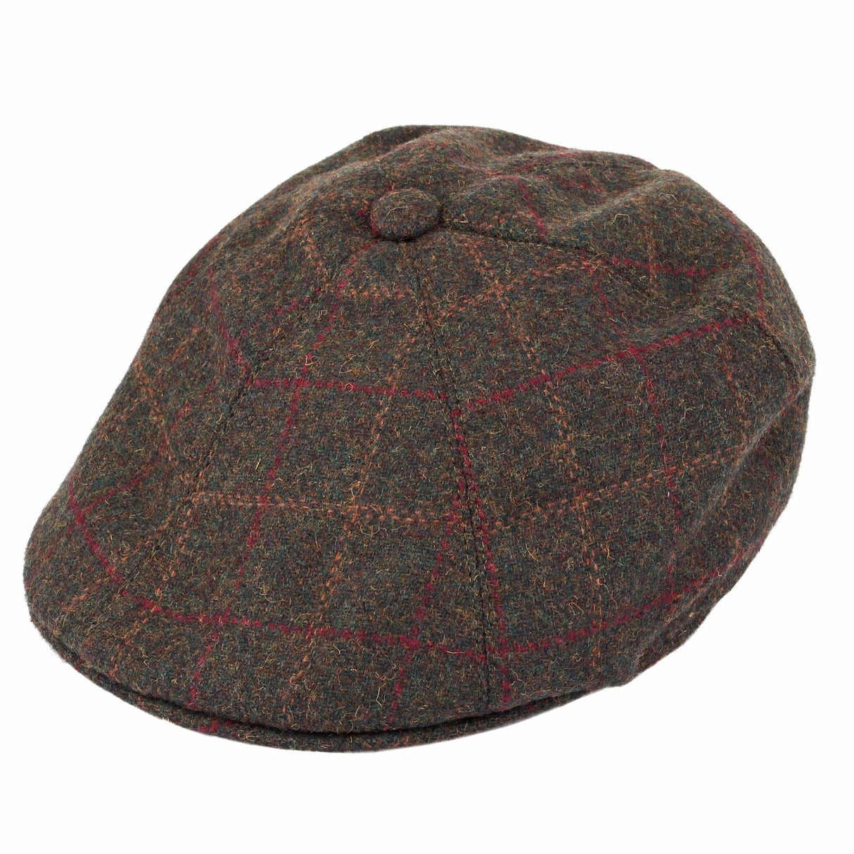 Dents Mens Window Pane Check Flat Cap - Olive (Quilted Satin Lined Driving/Cabbie Hat)