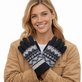 Dents Womens Fair Isle Knit Fleece Lined Gloves - Black/Winter White