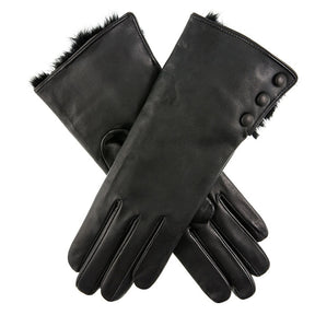 Dents Sophie Womens Leather Gloves - Black (Rabbit Fur Cuffs Wool Lined Ladies)