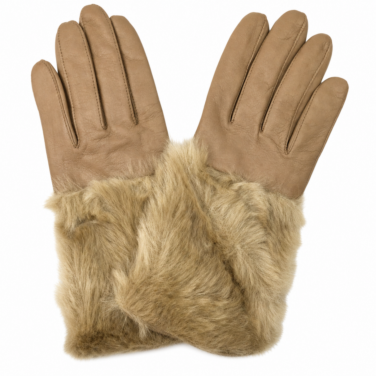 Dents Womens Hair Sheep Leather Gloves (Faux Fur Piped Cuff Elasticised 7-2383) - Almond/Camel