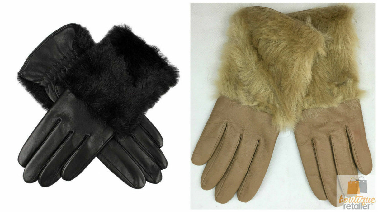 DENTS Womens Hair Sheep Leather Gloves Faux Fur Piped Cuff Elasticised 7-2383 - Almond/Camel