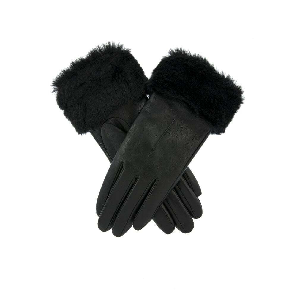 Sadie Faux-Fur Lined Single Point Faux Fur Cuffs Leather Gloves - Black - Black