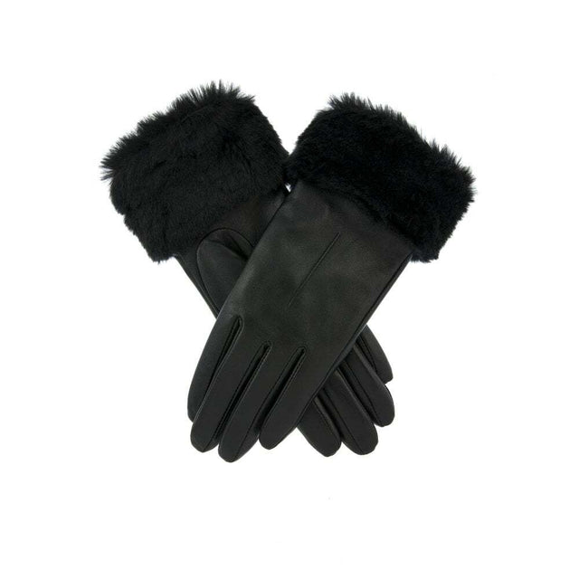 Sadie Faux-Fur Lined Single Point Faux Fur Cuffs Leather Gloves - Black - Black