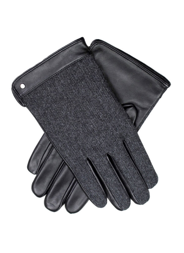Dents Mens Leather Herringbone Wool Gloves - Black (Fleece Lined)