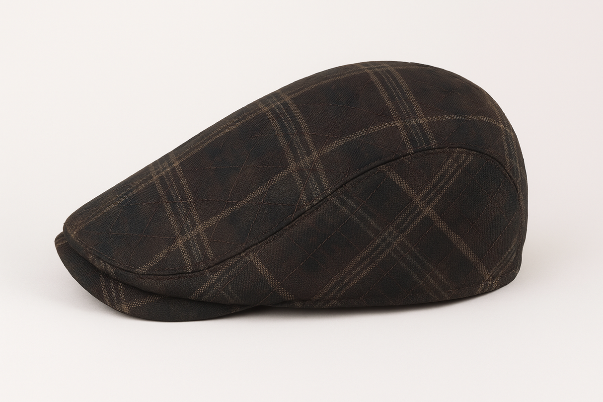 DENTS Quilted Flat Ivy Cap Hat Driving Newsboy Elastic Back Cabbie - Brown Check - 55cm