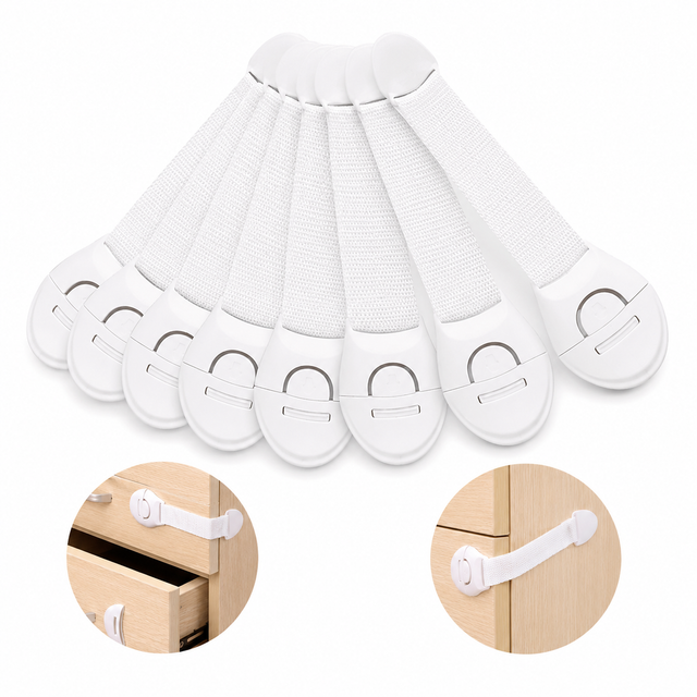 10x Kids Child-Safe Cabinet/Drawer Latch Locks No-Drill Adhesive Straps in White