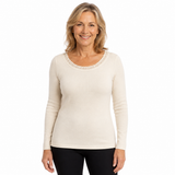 Ladies Thermal Long Sleeve Top Wool Blend Underwear Womens Round Neck w/ Motif Lace - Beige