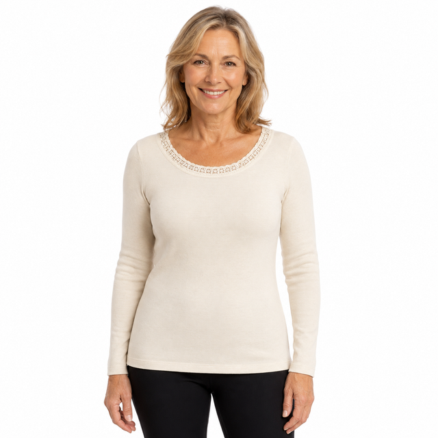 Ladies Thermal Long Sleeve Top Wool Blend Underwear Womens Round Neck w/ Motif Lace - Beige