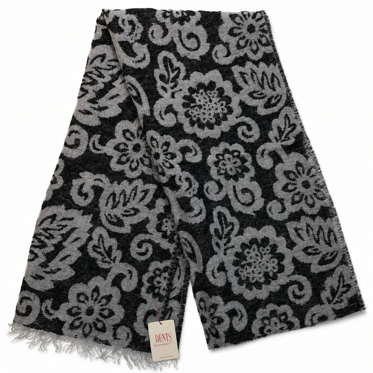 Dents Womens Large Pashmina Style Scarf w/ Floral Design - Black