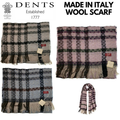 DENTS Check Open Weave Scarf Wool Blend Winter Warm MADE IN ITALY - Grey