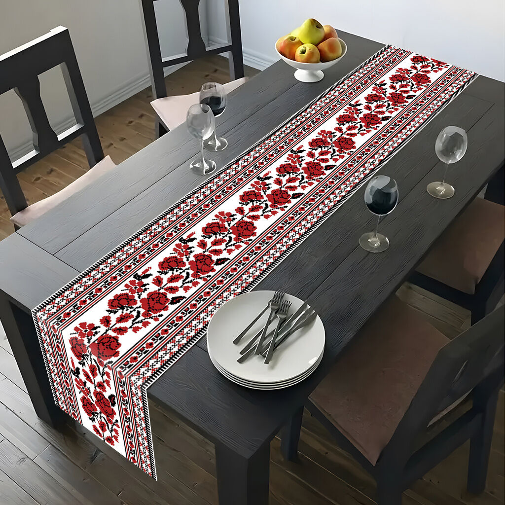 Ukrainian Table Runner – Folk Traditional Print in White, Black & Red (180x35cm)