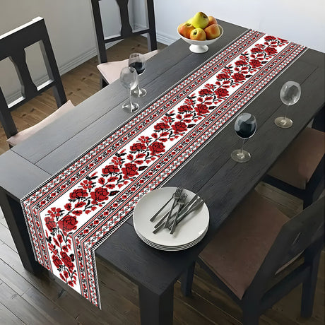 Ukrainian Table Runner – Folk Traditional Print in White, Black & Red (180x35cm)