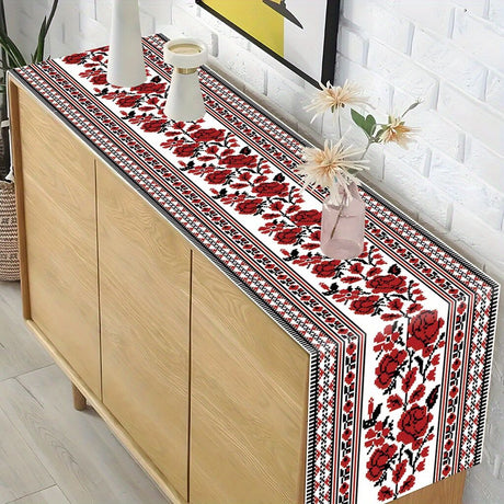 Ukrainian Table Runner – Folk Traditional Print in White, Black & Red (180x35cm)