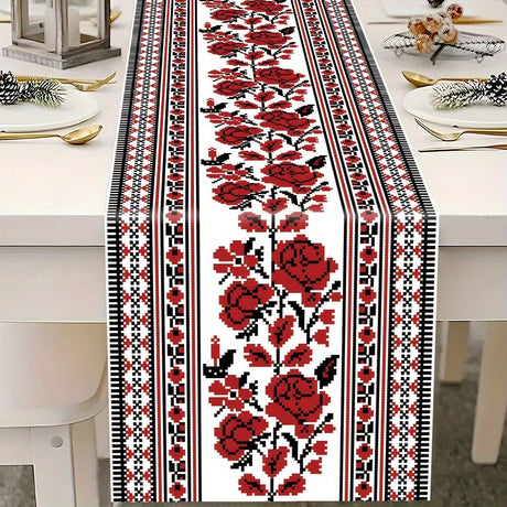 Ukrainian Table Runner – Folk Traditional Print in White, Black & Red (180x35cm)