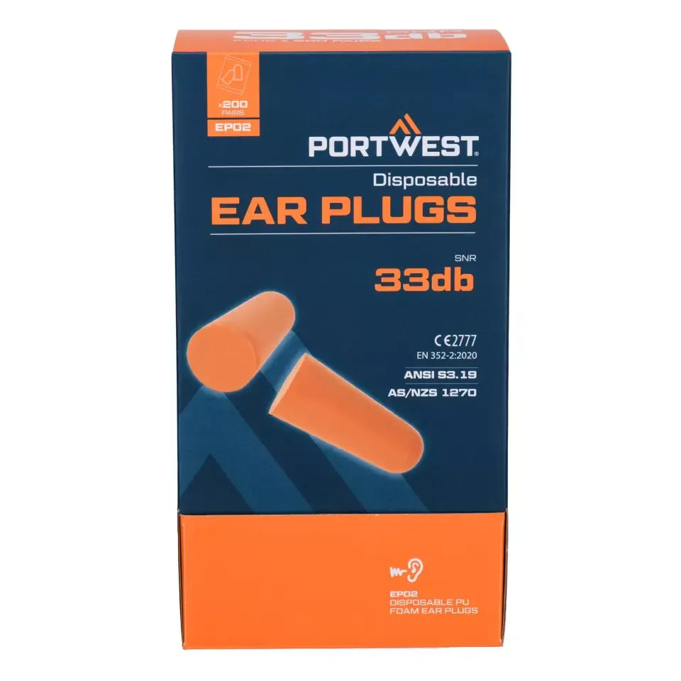 200x Pairs Portwest PU Foam Disposable Ear Plugs 33db SNR Bulk in Orange