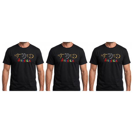 3x Adult Kangaroo/Koala/Wombat Australian Animals T-Shirt Pack - Black (100% Cotton Souvenir Gift Tee Top)