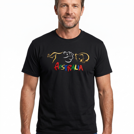 Adult Australian Souvenir Kangaroo Koala T Shirt - Black (100% Cotton Australia Day Tee Top)
