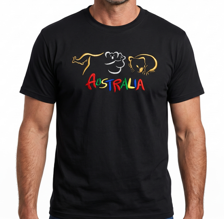 Adult Australian Souvenir Kangaroo Koala T Shirt - Black (100% Cotton Australia Day Tee Top)