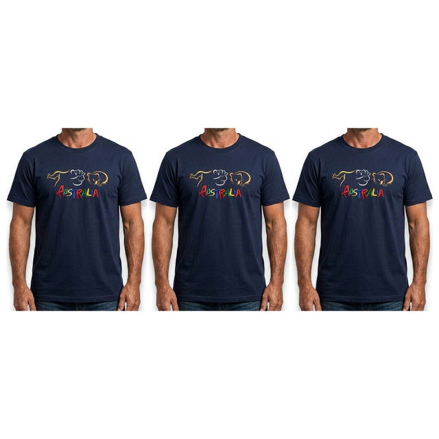 3x Adult Kangaroo/Koala/Wombat Australian Animals T-Shirt Pack - Navy Blue (100% Cotton Souvenir Gift Tee Top)