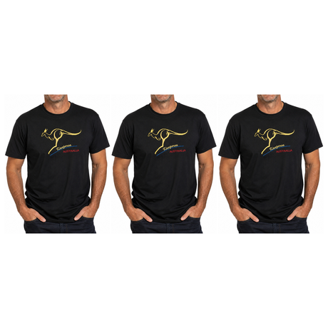 3x Adult Kangaroo Australia T-Shirt Pack - Black (100% Cotton Souvenir Gift Tee Top)