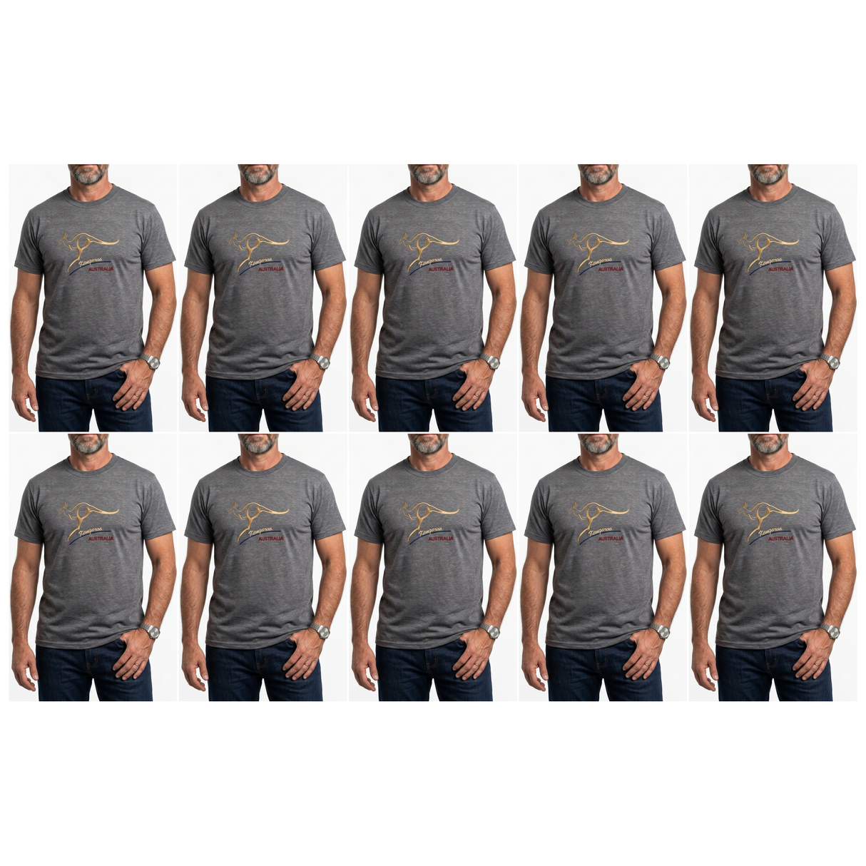 10x Adult Kangaroo Australia T-Shirt Bulk Pack - Grey Marle (100% Cotton Souvenir Gift Tee Top)