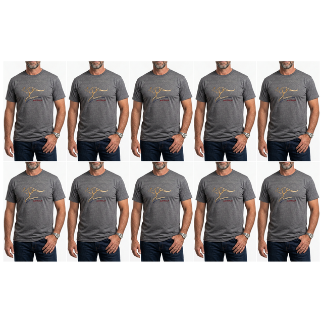 10x Adult Kangaroo Australia T-Shirt Bulk Pack - Grey Marle (100% Cotton Souvenir Gift Tee Top)