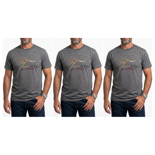 3x Adult Kangaroo Australia T-Shirt Pack - Grey Marle (100% Cotton Souvenir Gift Tee Top)