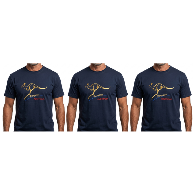 3x Adult Kangaroo Australia T-Shirt Pack - Navy Blue (100% Cotton Souvenir Gift Tee Top)