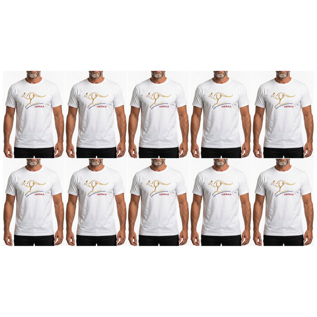10x Adult Kangaroo Australia T-Shirt Bulk Pack - White (100% Cotton Souvenir Gift Tee Top)