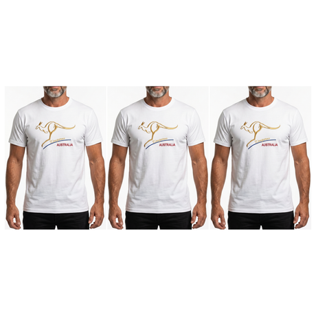 3x Adult Kangaroo Australia T-Shirt Pack - White (100% Cotton Souvenir Gift Tee Top)