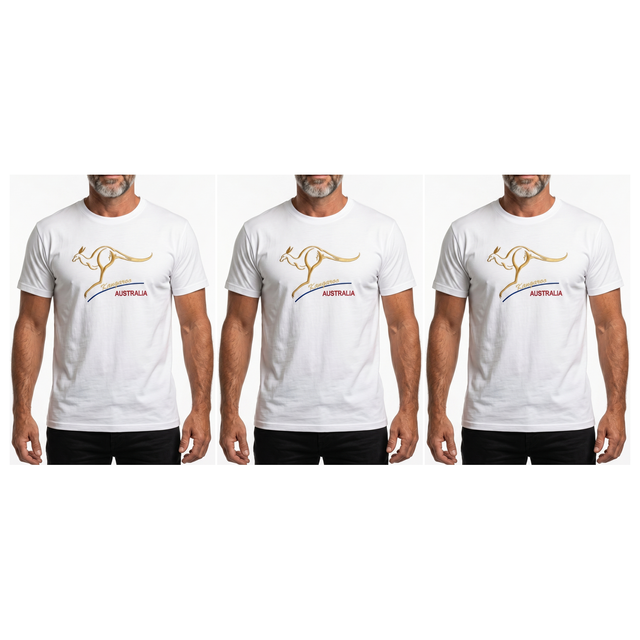 3x Adult Kangaroo Australia T-Shirt Pack - White (100% Cotton Souvenir Gift Tee Top)