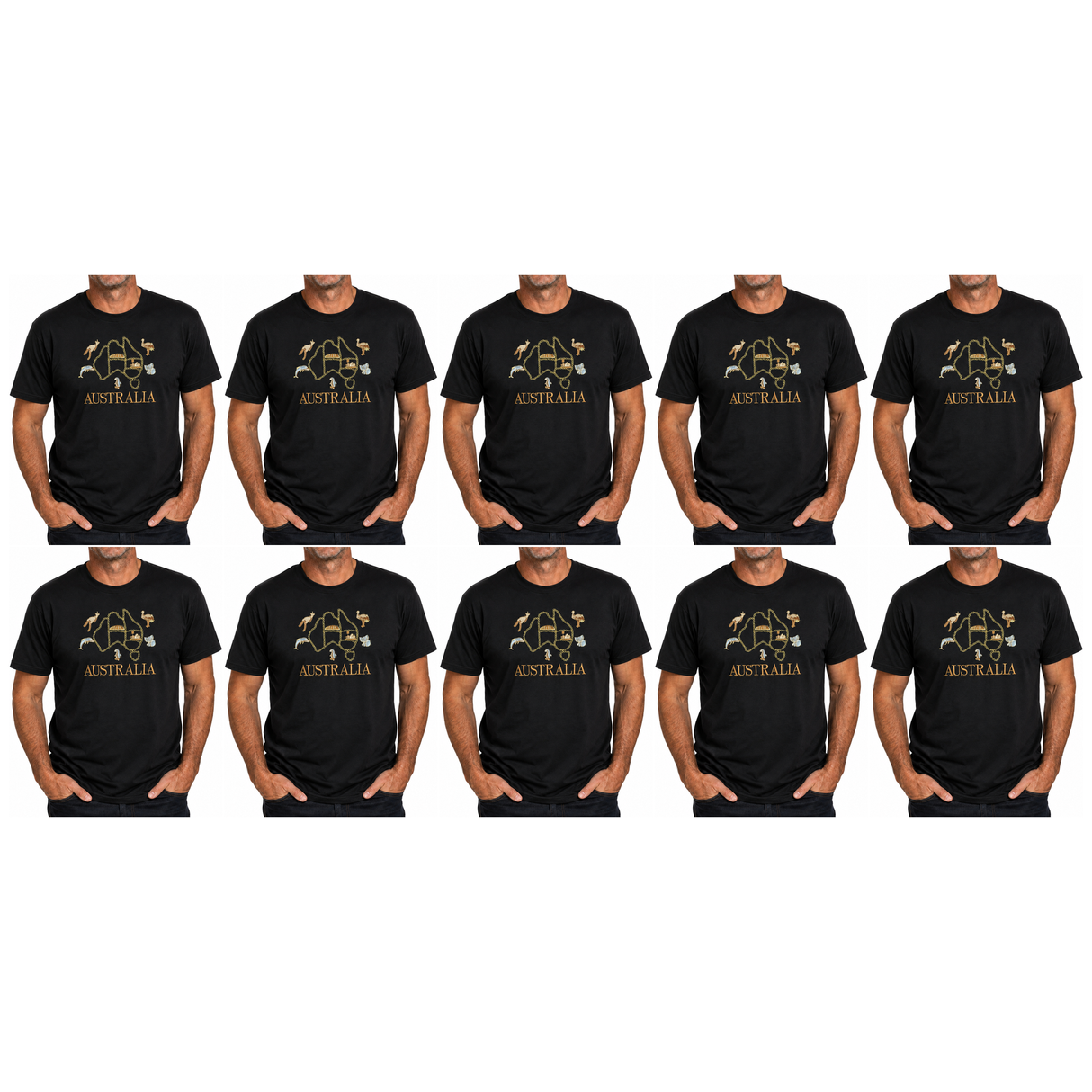 10x Adult Australia Map, Icons & Animals T-Shirt Bulk Pack - Black (100% Cotton Souvenir Gift Tee Top)